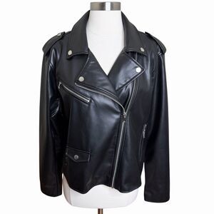 Nine West Black Faux Leather Moto Biker Jacket Full Zip Womens Size XXL